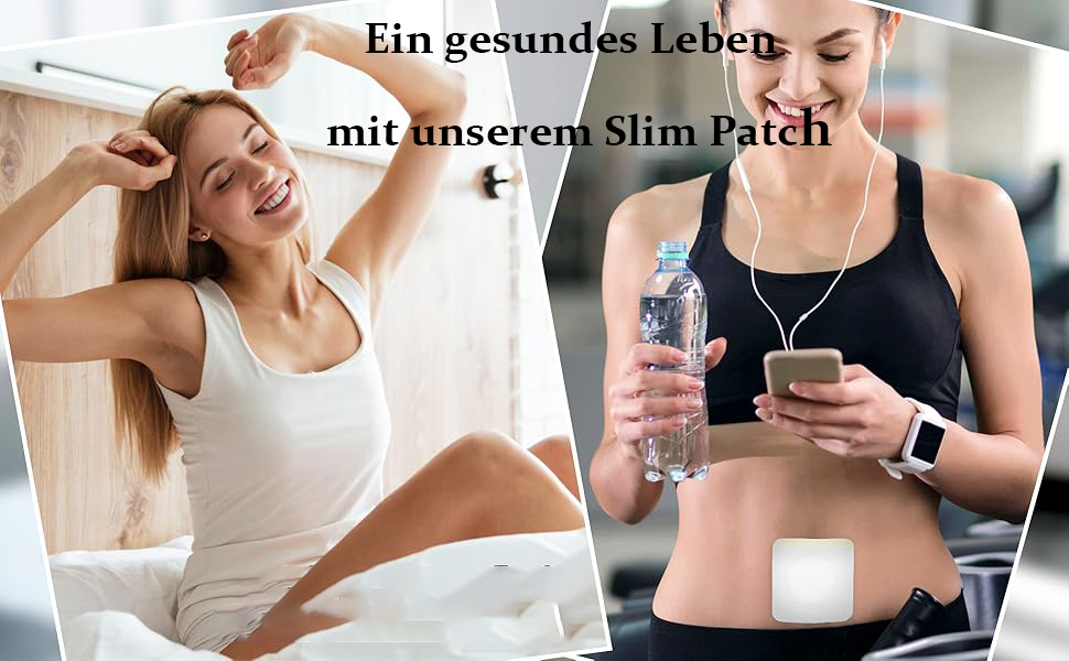 Two women in athletic wear. One sitting on floor, other standing. Both wearing white patches on bodies. German text about healthy living visible.