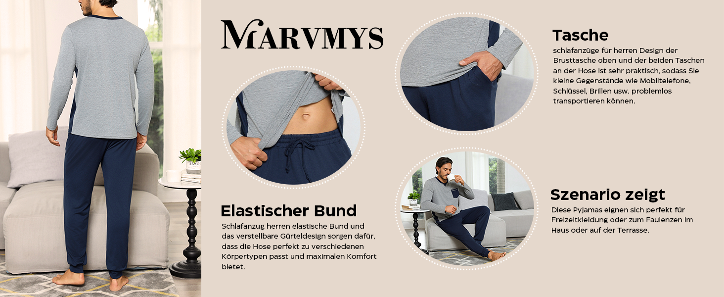 Herren Schlafanzug Lang Baumwolle Winter Pyjama Set Rundhals Schlafanzüge Männer Langarm