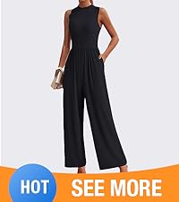 Summer Jumpsuits Dressy Casual One Piece Outfits Sleeveless Crew Neck Wide Leg Pants Rompers Pockets