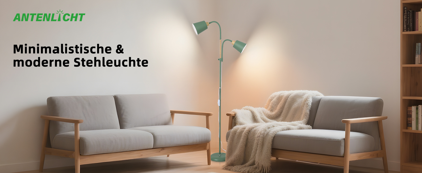 Der Text lautet: 'MinimalistKüche & moderne Stahlküche'. Innenfoto, das ein graues modernes Sofa mit Tischlampe im modernen Wohnraum zeigt.