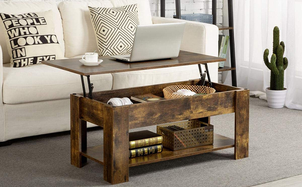 HOOSENG Lift Top Coffee Table, Wooden Coffee Table With Storage Space, Industrial Coffee Table Tea Table For Living Room, Office, Balcony, Rustic Brown, 100 X 45 X£¨49-63 ) CM 12 1