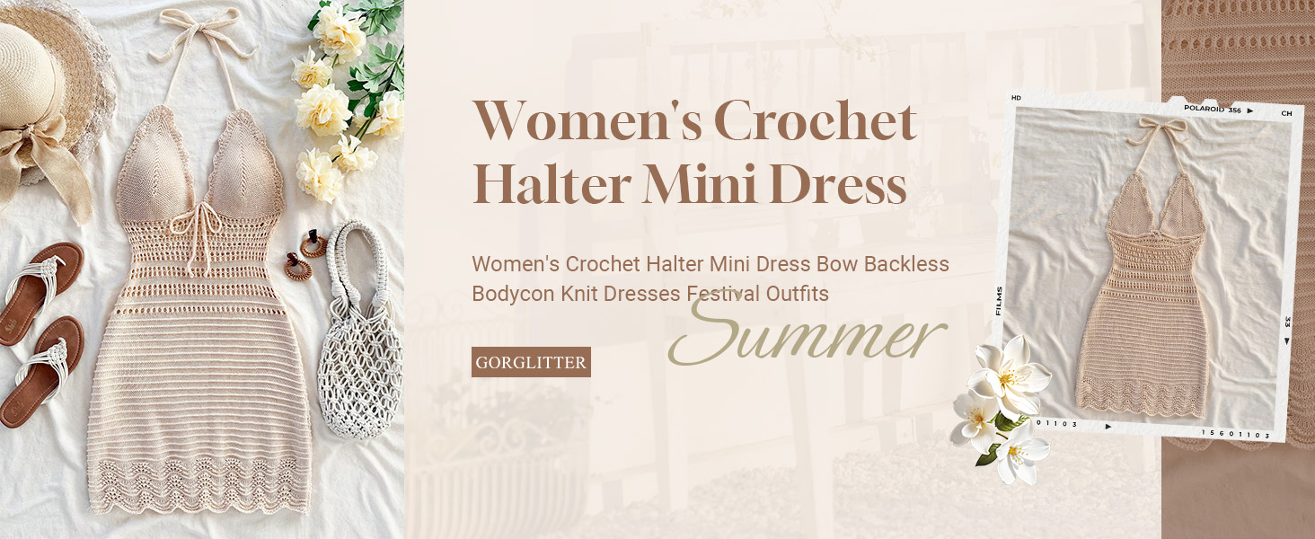 GORGLITTER Women's Crochet Halter Mini Dress Bow Backless Bodycon Knit Dresses