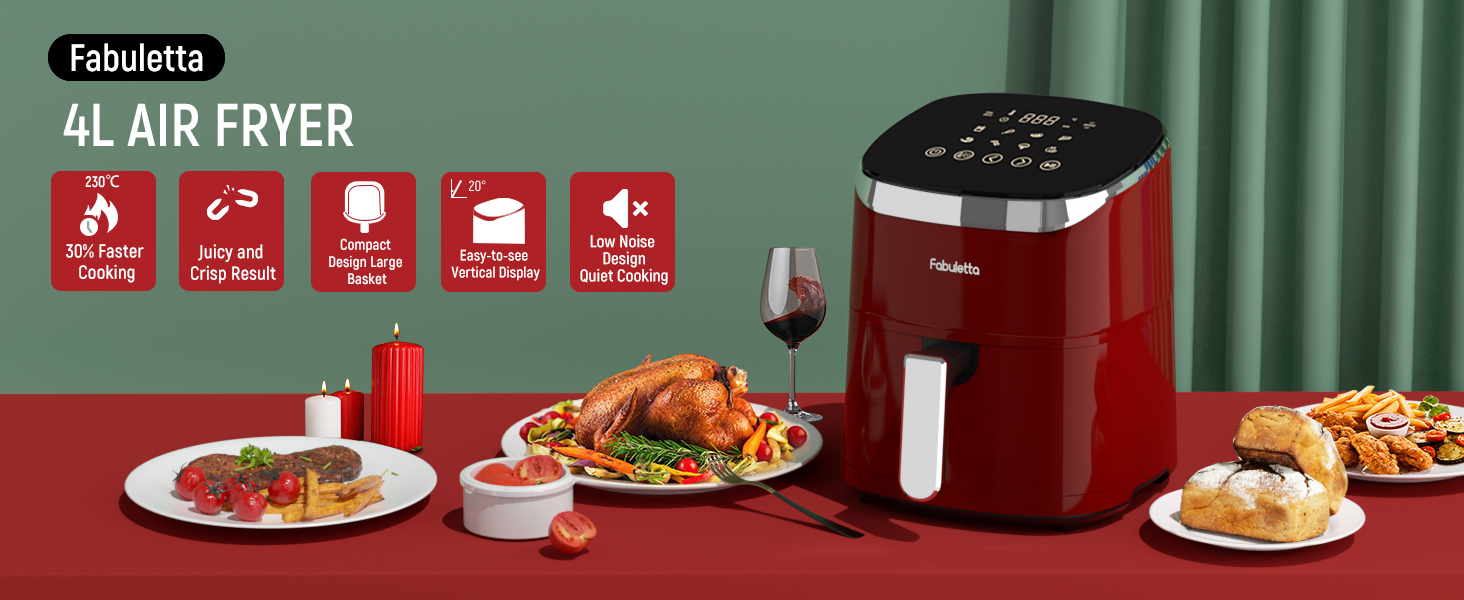 FABULETTA Red Air Fryers 4L，Fabuletta 1680W Compact Air Fryers w/ 9