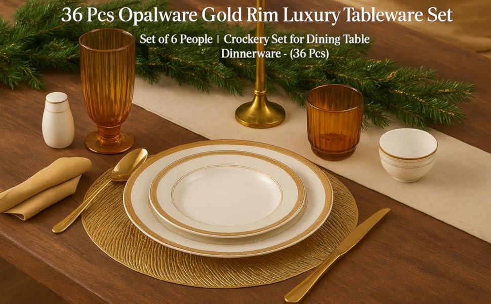 GLASSWARE 36 Pcs Opalware Gold Rim Luxury Tableware Set/Set