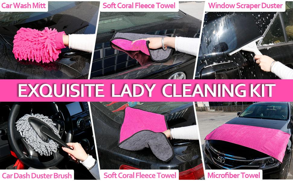 THINKWORK Pink Car Cleaning Set Interior and Exterior, Car Wash Set for