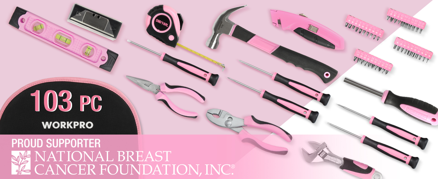 WORKPRO Pink Tool Kit Hand Tool Set with Easy Carrying Round Pouch
