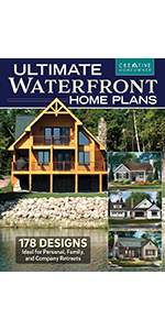 A house built over a lake, text, Ultimate Waterfront Home Plans