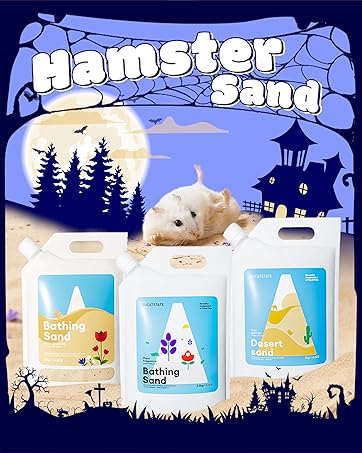 Text reads 'Hamster Sand'. Product advertisement showing three light blue containers against a dark blue night sky background with silhouetted trees and buildings.