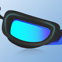 Primer plano de unas gafas protectoras con montura negra y lentes con degradado azul brillante sobre un fondo azul claro