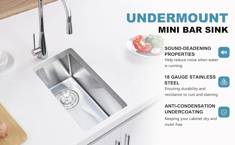 Homtone Undermount Bar Prep Sink 9.5x18x8 Inch Stainless Steel Single