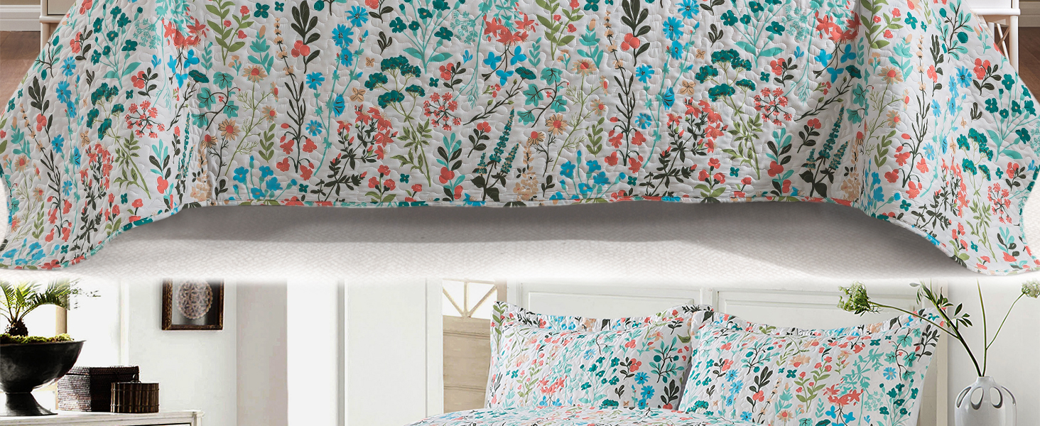 VAPUTAR Cotton Queen Quilt Bedding Set3 Pieces Botanical