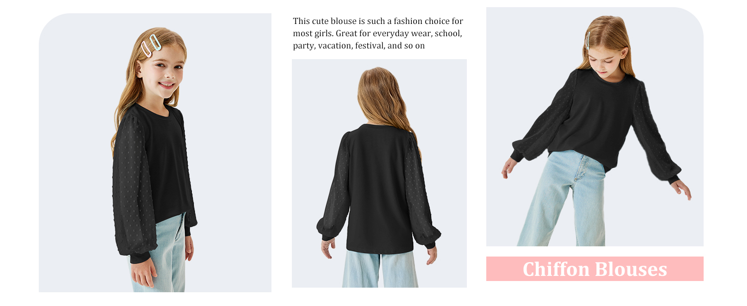 Girls Crewneck Shirts Puff Long Sleeve Polka Dot Chiffon Blouse Fashion Spring Tops