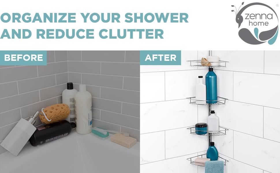 Zenna Home Tension Pole Shower Caddy, 4 Basket Shelves with Builtin