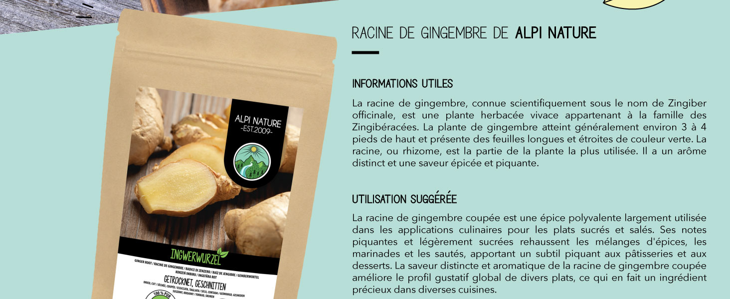 Emballage du produit contenant des ingrédients à base de racine de gingembre avec des instructions en français sur fond turquoise.