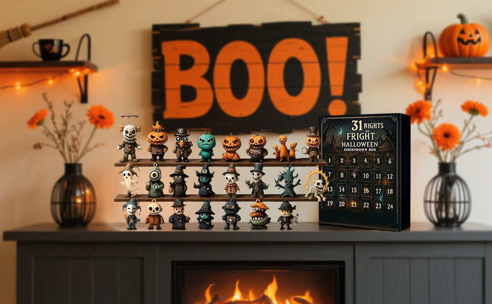 Text reads 'BOO!' in large orange letters. Halloween mantel display with multiple identical small skeleton decorations arranged in rows, flanked by dark vases.