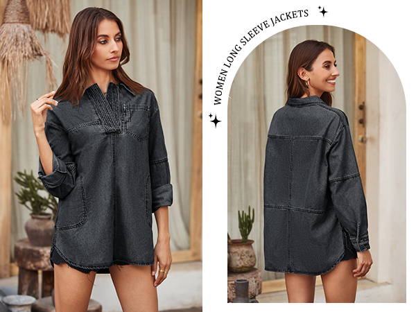 Fazortev Women's Denim Pullover Casual Button V Neck Blouse Loose