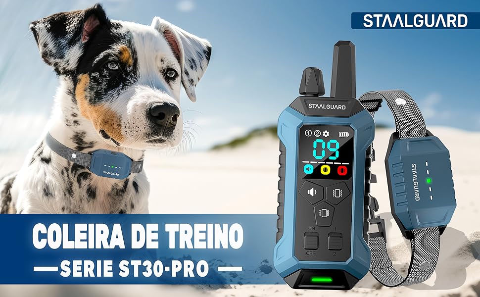 Staalguard ST30-Pro dog training collar system with a handheld digital display controller and matching collar device.