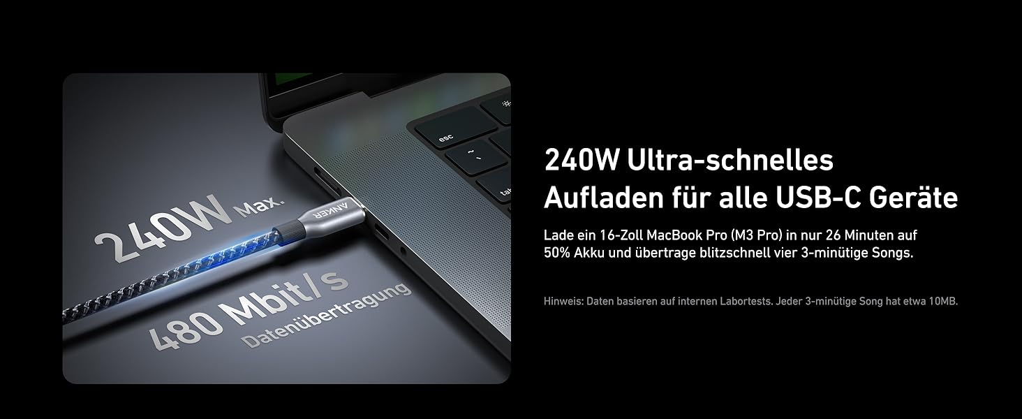Nahaufnahme eines USB-Ladegeräts mit sichtbarem 240-W-Text、schwarzer strukturierter Oberfläche 和 technischen Daten
