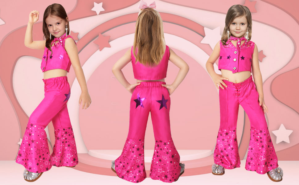 Pink Cowgirl Costume for Girls,70s 80s Hippie Disco Outfits for Kids