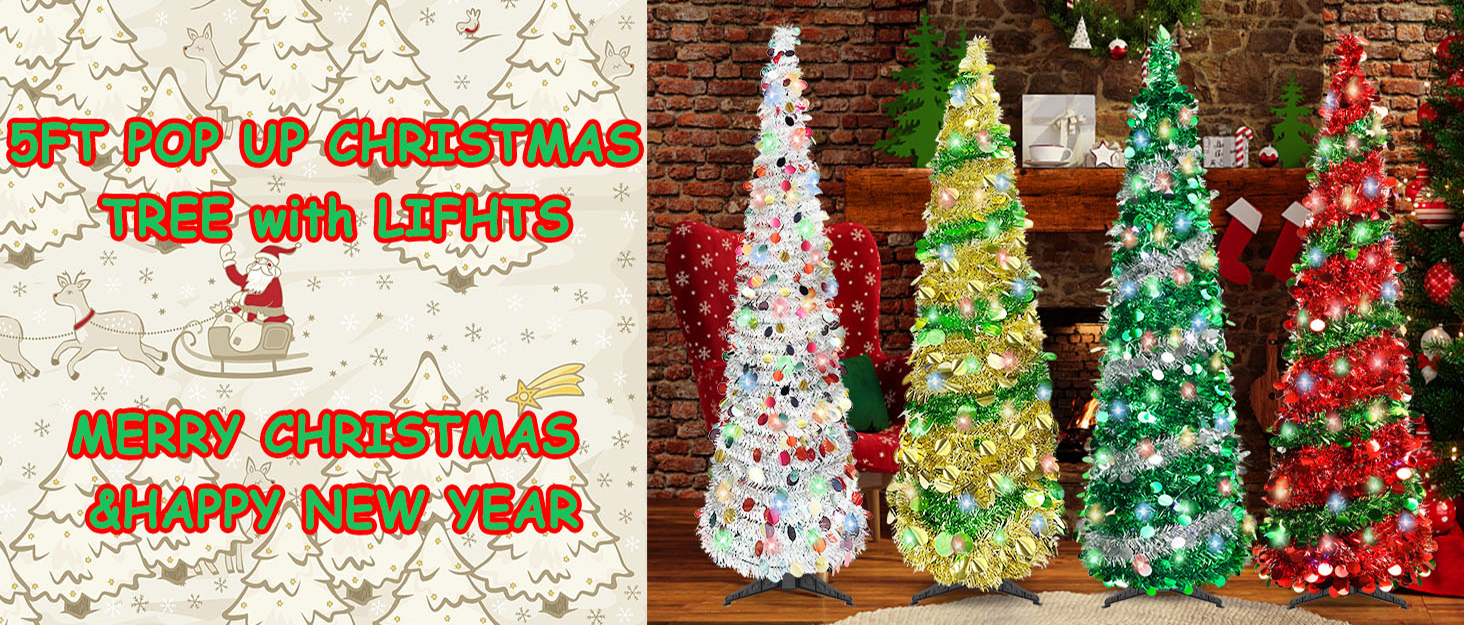 5FT Pop Up Christmas Tree Tinsel Christmas Tree with 8