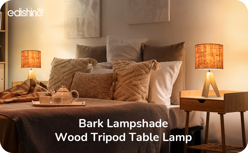 EDISHINE Small Table Lamp, Wooden Tripod Nightstand Lamp with Bark