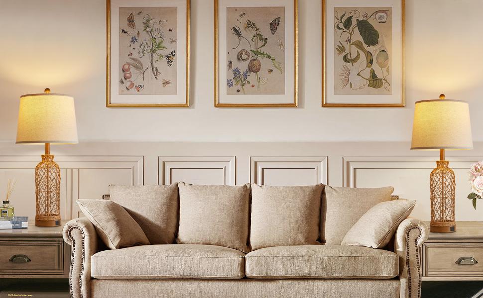 Rattan Table Lamps for Bedroom Set of 2, 3 Way Dimmable Bedside Lamps