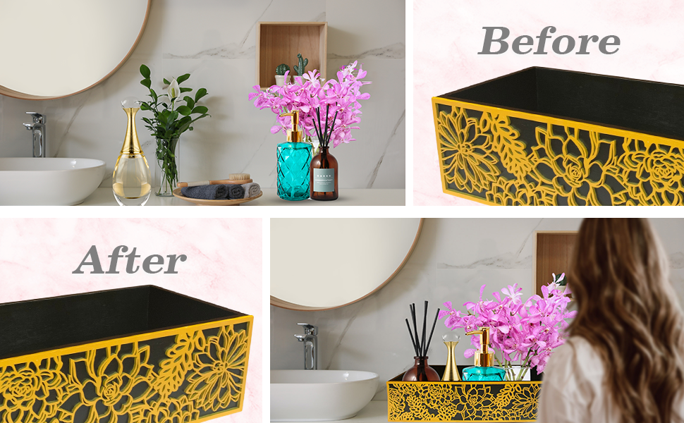 CRATEHILL Black & Gold Wooden Toilet Tank Top Basket with