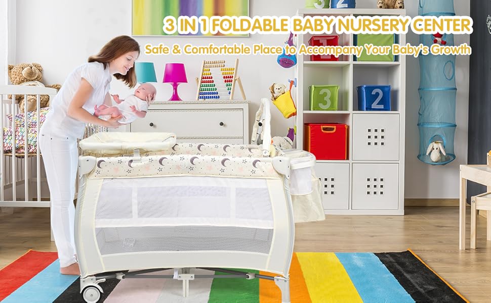 COSTWAY 3 in 1 Travel Cot, Foldable Baby Playard with