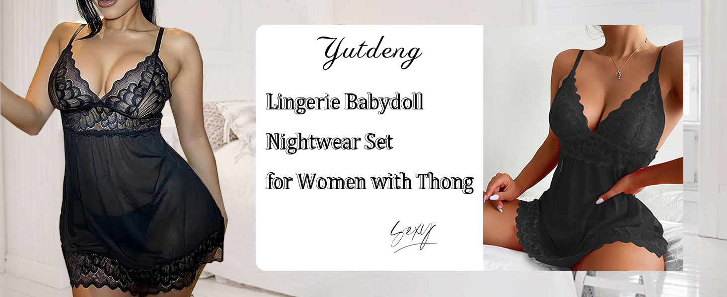 Yutdeng Lingerie Babydoll Nightwear Set for Women with Thong Lace Chemise Sleepwear Deep V Dress Sexy See Through Outfits Women UK Naughty Underwear Sets Bedroom 8 Lingerie Babydoll Nightwear Set for Women with Thong Lace Chemise Sleepwear Deep V Dress Sexy