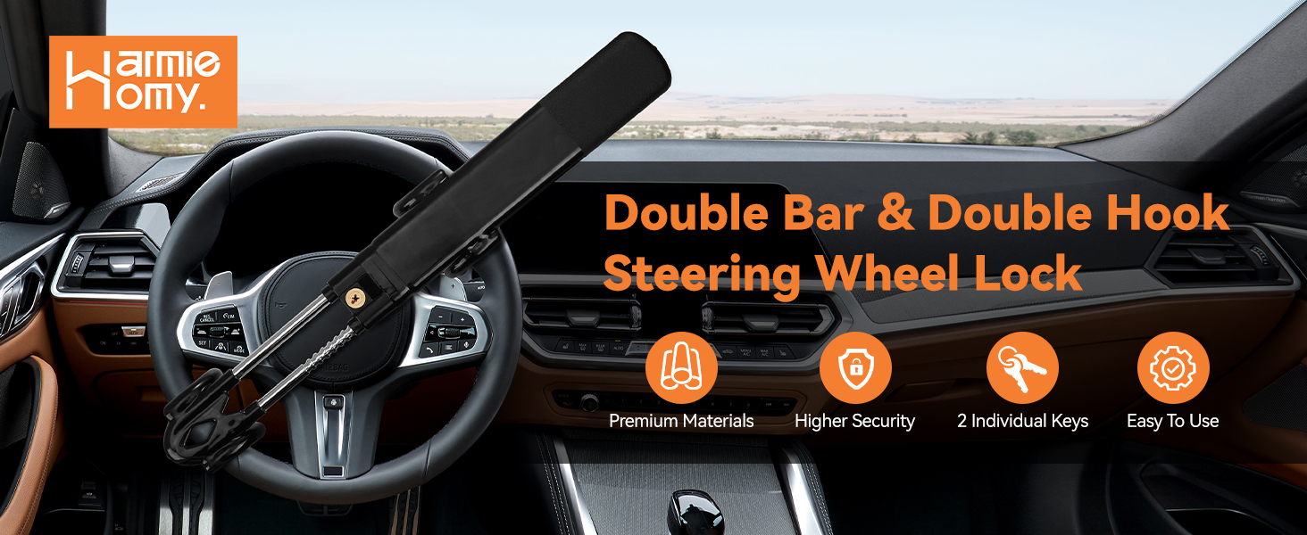 Sevenwalls Twin Bar Steering Wheel Lock - Heavy Duty Car Lock Anti-Theft Device - Universal Fit