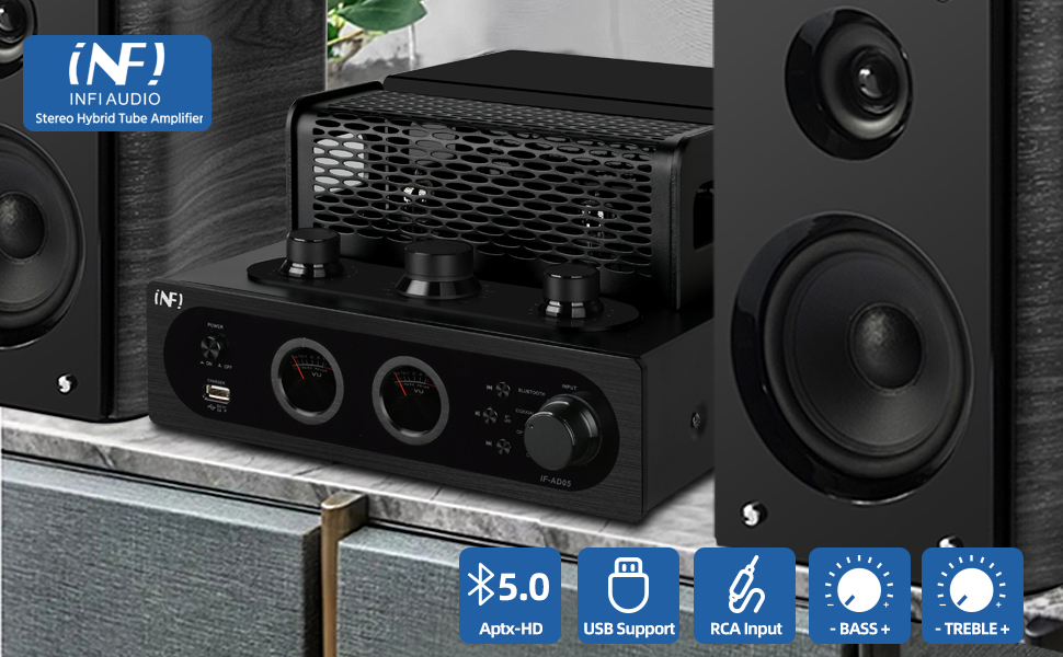 INFI Audio AD05 Hybrid 120W Tube Amplifier with Bluetooth,2 Channel Stereo VU Meter Monitoring