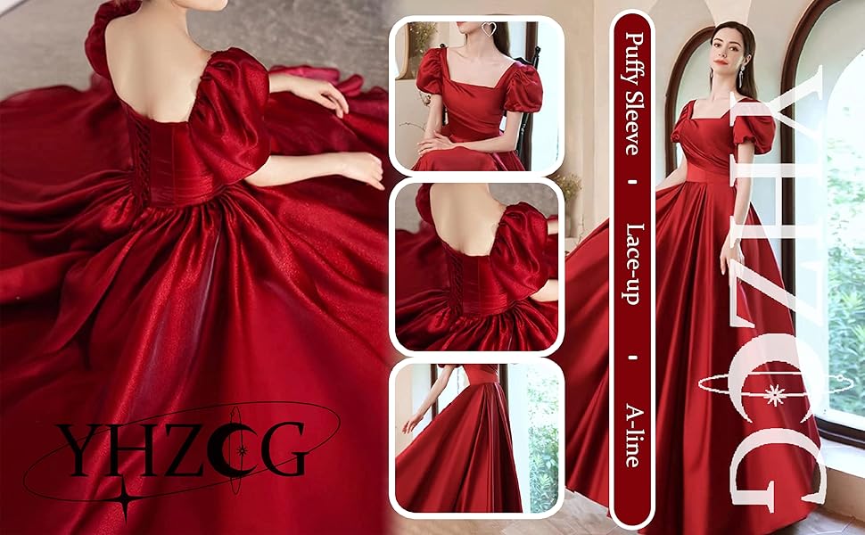 Puffy Sleeve Prom Dresses Long Satin Princess Ball Gown A Line Evening Gowns for Women Formal