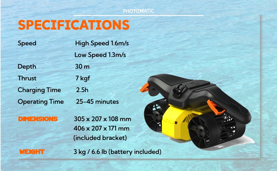 Subacqueous scooter Lefeet C1: Max 60min Battery with action Mount IPX8 100FT waterproof sports sports sports, Scuba in the pool, children/adults. 17 Specifications C1