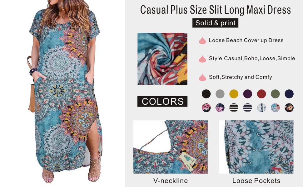 Nemidor Women's Casual Loose Pocket Long Dress Short Sleeve Plus Size Slit Maxi Dress