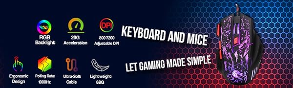 Gaming mouse with LED lighting on hexagonal background. Icons highlight features: RGB backlights, 200 acceleration, 6000 DPI, ergonomic design, polling rate, ultra-soft cable, and lightweight construction.