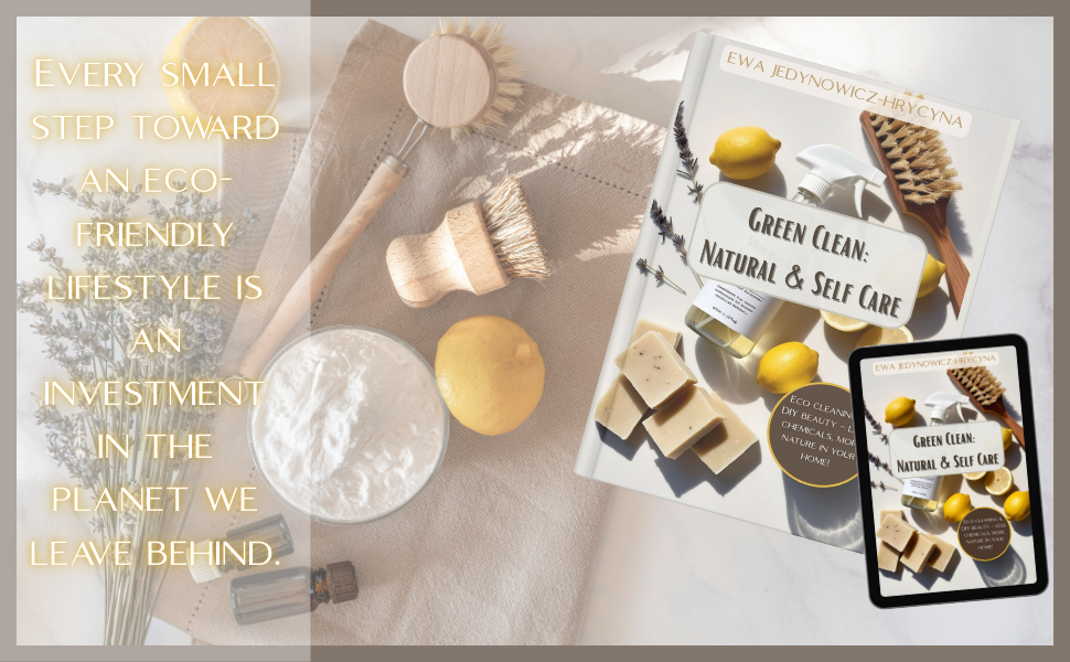 Baner with book cover and Kindle eBook of "Green Clean: Natural&Self Care"