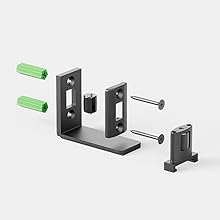 Explosionsansicht der Montagehalterung mit U-förmiger Halterung aus schwarzem Metall, Schrauben, grünen Dübeln und Verbindungselementen,