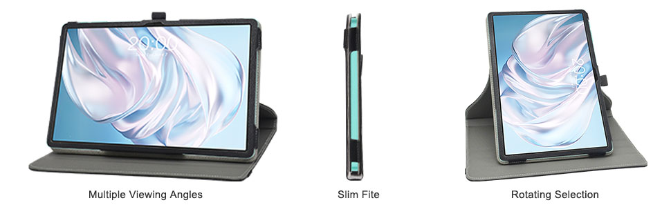 Die Tablet-Hülle ist in drei Positionen dargestellt: als Ständer geöffnet, die Seitenansicht zeigt ein schlankes Profil und eine Drehfunktion. Die schwarze Hülle mit türkisfarbenen Akzenten schützt ein großes Bildschirm-Tablet