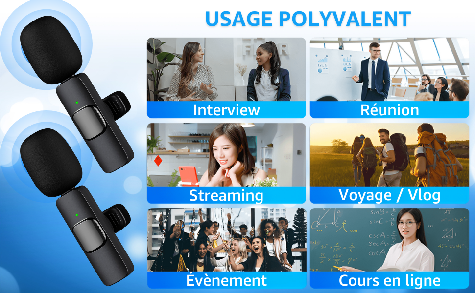 Usage polyvalent, réunion, interview, streaming, voyage, vlog, cours en ligne, évènement