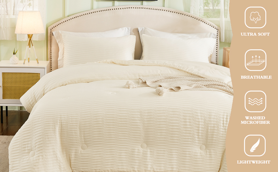 Memfydu Queen Comforter Set Beige, 3 Pieces Seersucker Comforter Sets, Crinkle