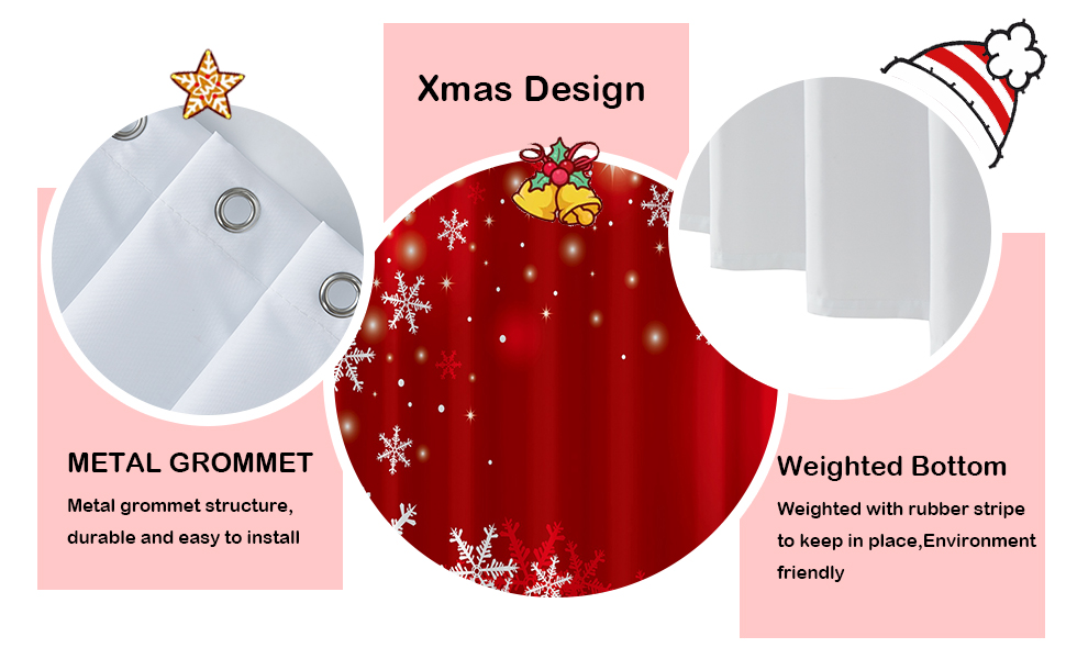 YOSTEV Christmas Shower Curtain, Red Christmas Snowflakes