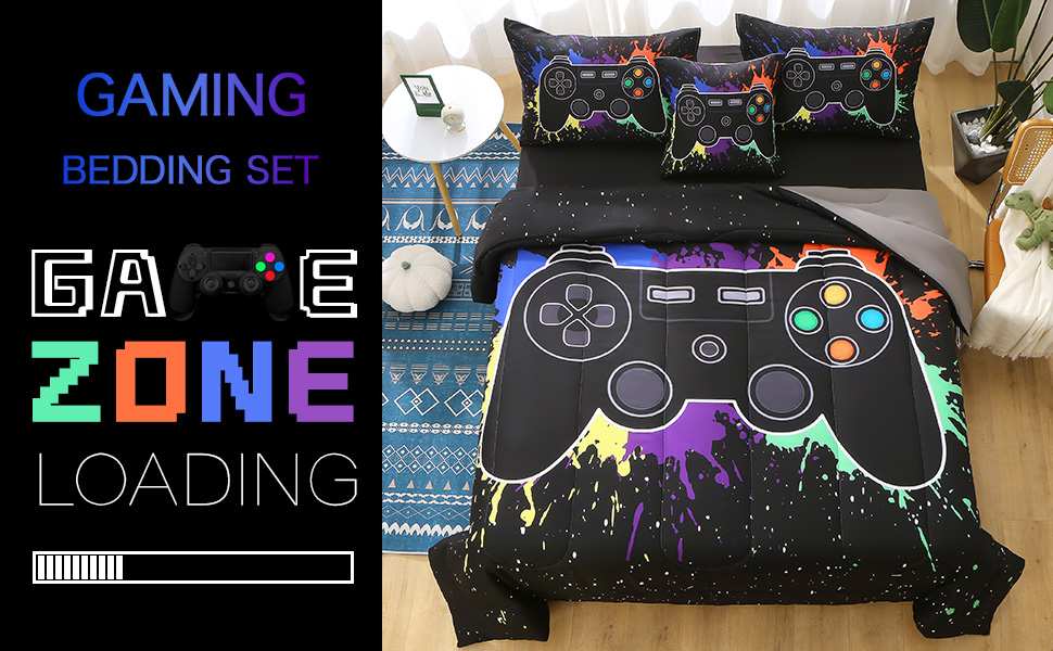 Keyroal 6Pcs Gamer Comforter Set with Sheets for Boys Girls
