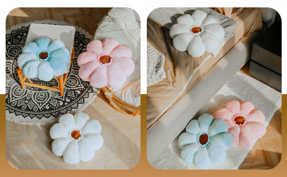 flower throw pillow. white flower pillow. blue flower pillow. aesthetic pillows. murakami rug