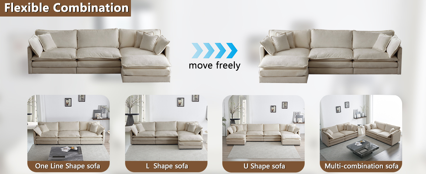 146.5" Modular Sectional Couch, Chenille Cloud Couch Sofa with Pillow and Movable Ottoman, U Shaped Deep Seat Couches for Living Room, Bedroom, Office, Apartment 14 couch