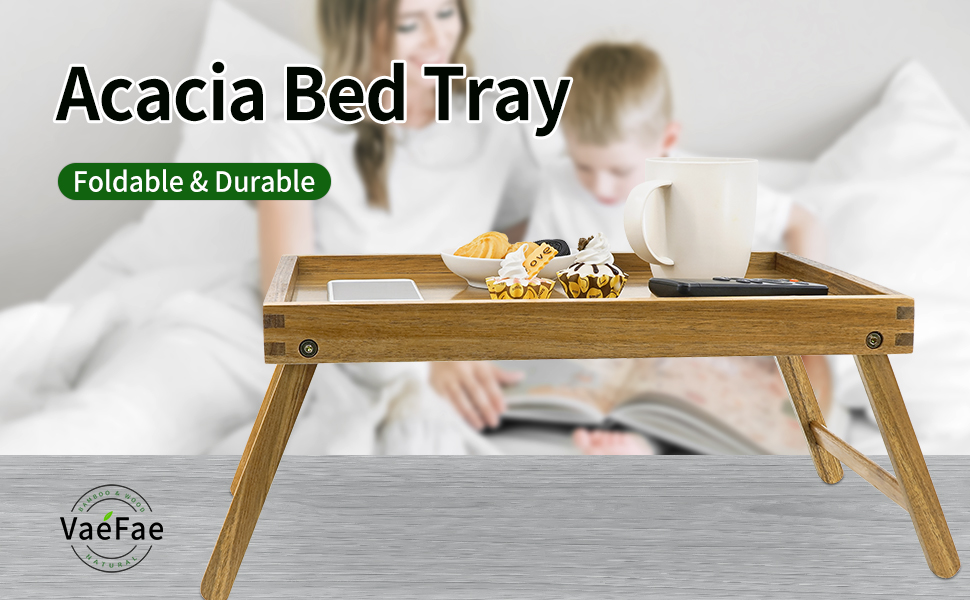 VaeFae Acacia Bed Table Tray, Wooden Breakfast Tray with Folding Legs