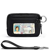Black wallet keychain with ID window and wristlet strap; chic wristlet wallet for women
