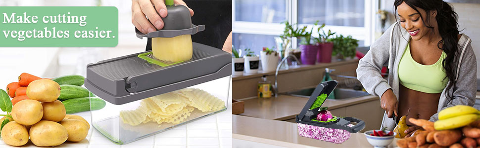 Kitchen tool for slicing vegetables. Gray device with blade and clear container. Shown slicing cheese, with potatoes and celery nearby. Woman using similar tool to chop vegetables in kitchen.
