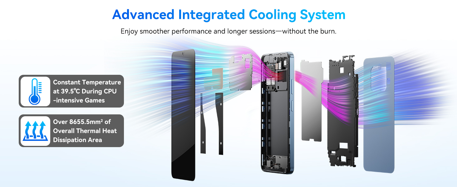 Technical diagram showing components of a cooling system with blue and purple gradient design elements.