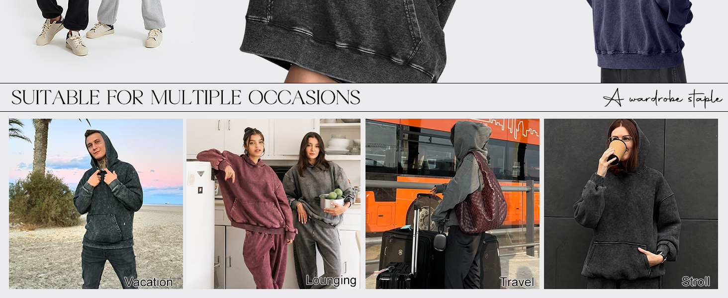 Womens Acid Wash Hoodie Vintage Oversized Pullover Fashion Heavyweight Hooded