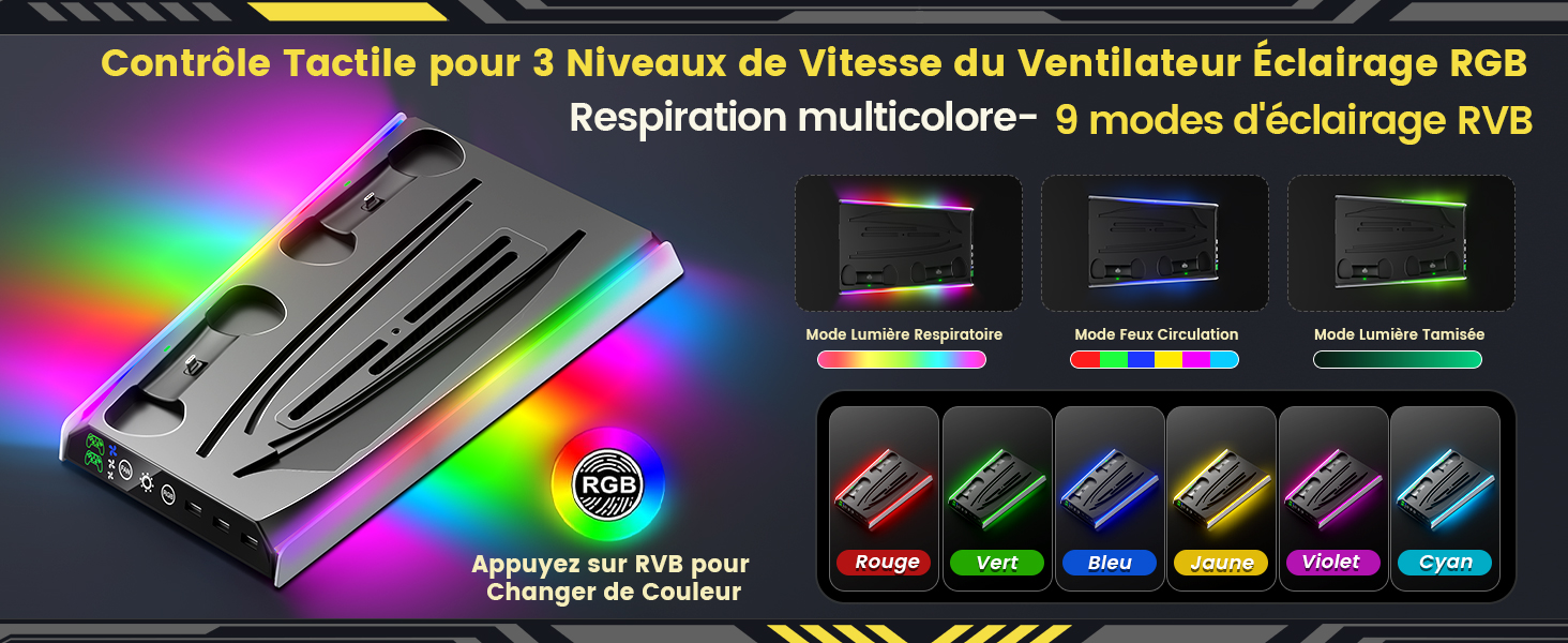 éclairé RGB avec conception de dissipateur de chaleur. Comprend une commande tactile pour 3 vitesses de ventilation et 9 modes d'éclairage. L'écran affiche les options d'éclairage multicolores et les boutons de commande